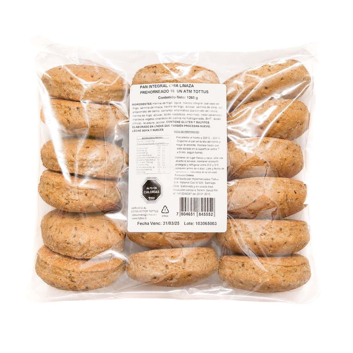 TOTTUS - Pan Hallulla Integral Chía y Linaza Prehorneadas 18 Un 1.2 Kg