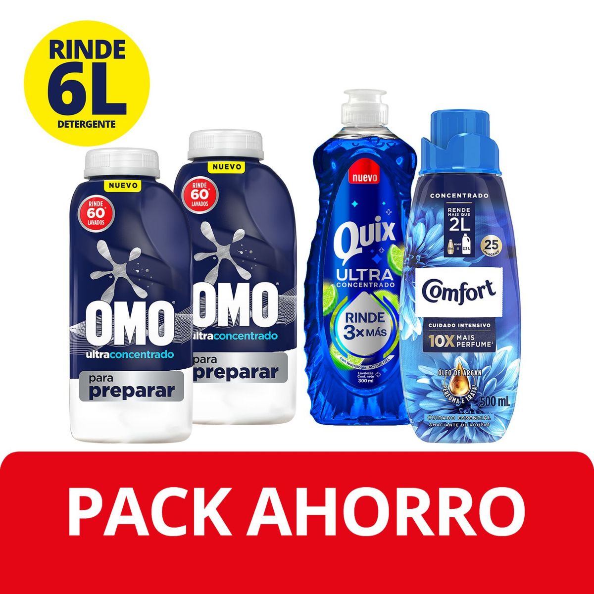 OMO - Pack Detergente Omo 2x500 ml + Quix 300 ml + Suavizante Comfort 500 ml