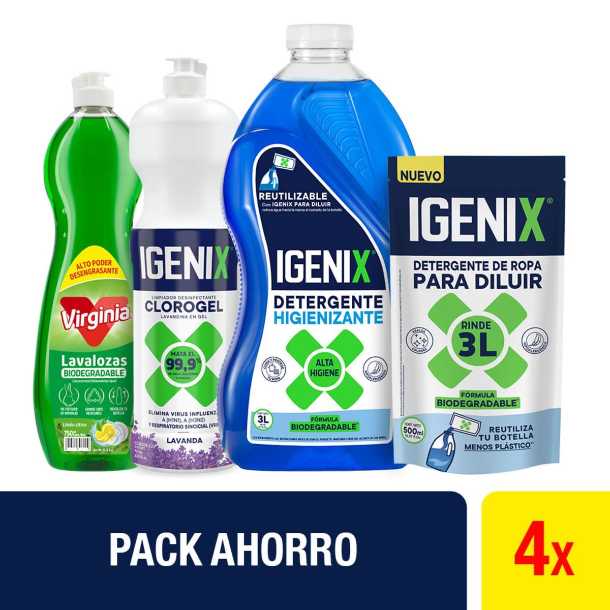 IGENIX - Pack Limpieza Detergente 3 Lt + 500 ml + Cloro Gel 900 ml + Lavaloza 750 ml