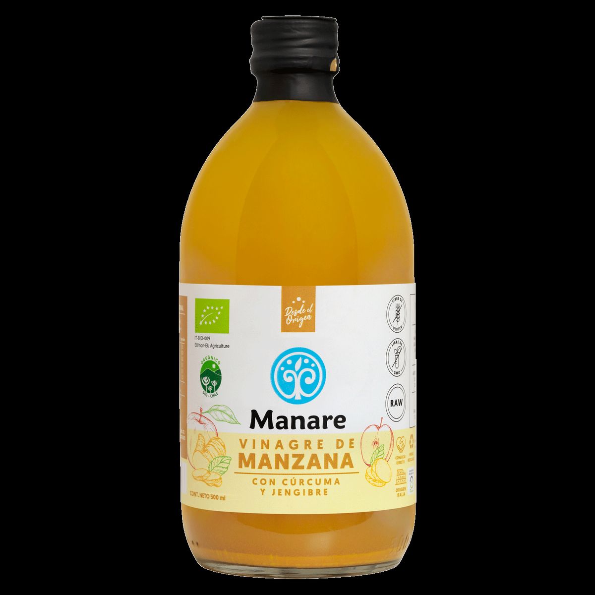 MANARE - Vinagre de Manzana Orgánico Manare Cúrcuma Jengibre 500 ml