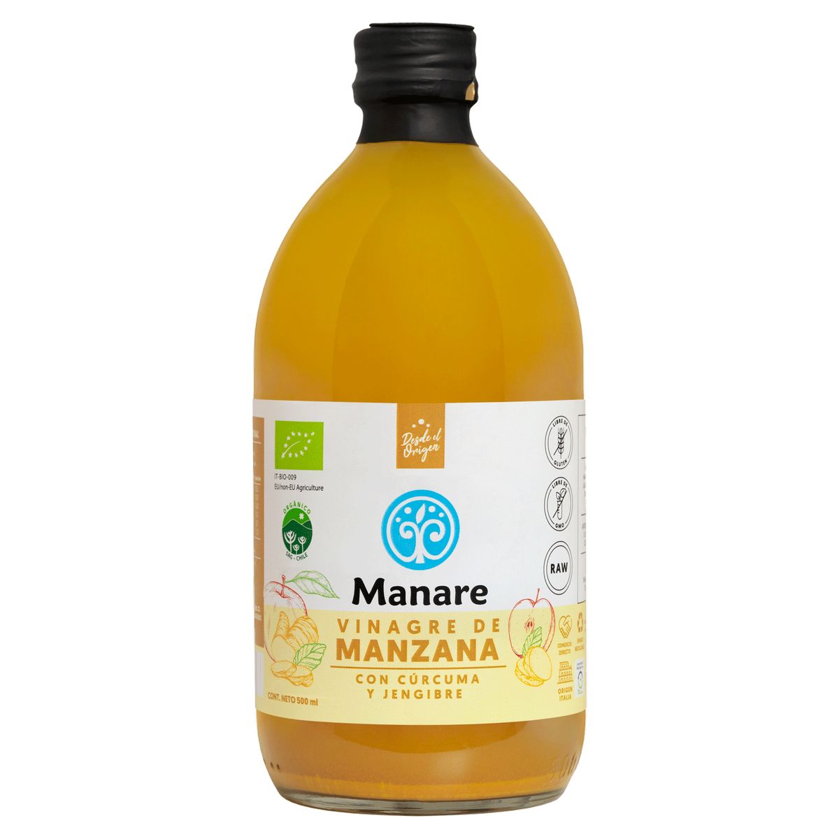 MANARE - Vinagre de Manzana Orgánico Manare Cúrcuma Jengibre 500 ml