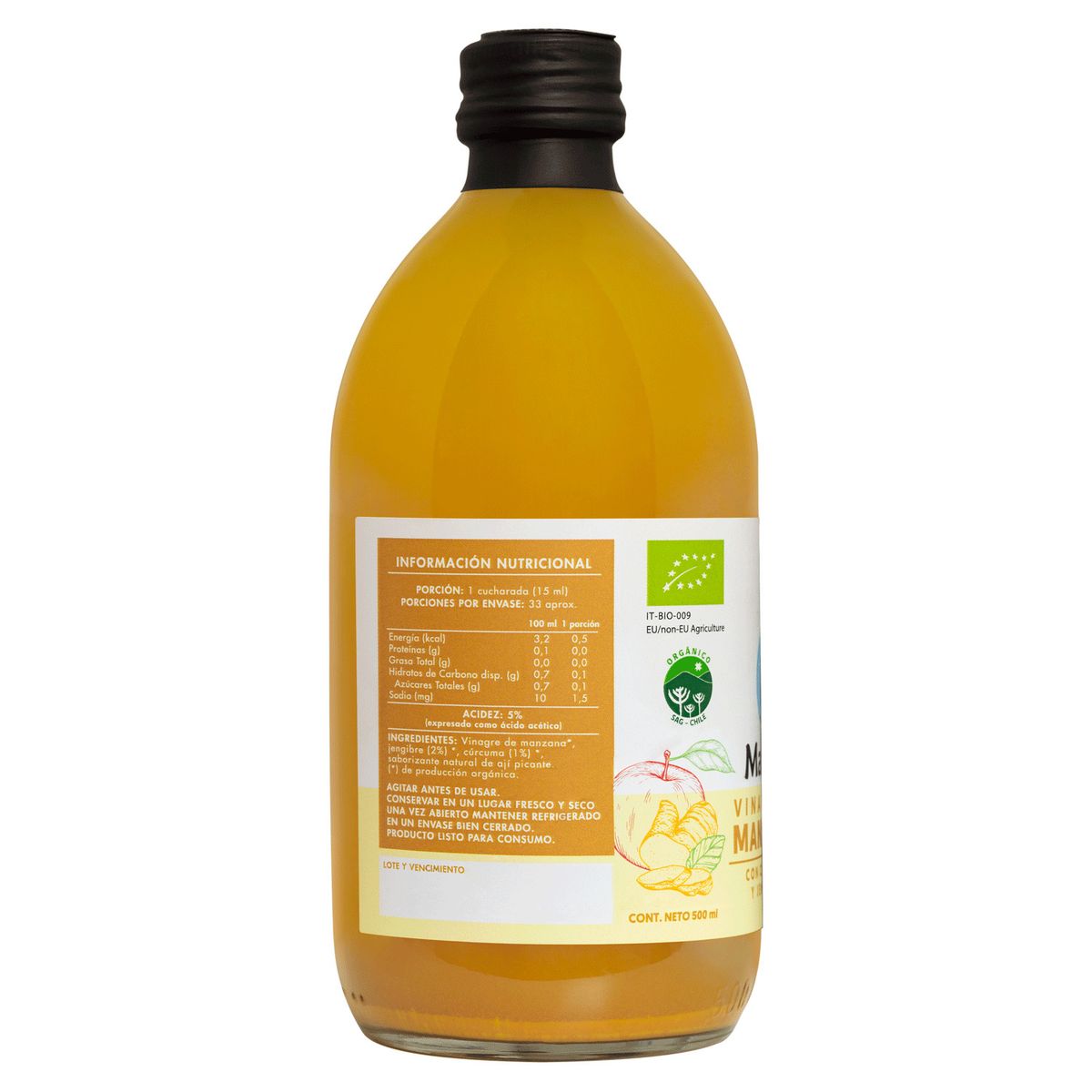 MANARE - Vinagre de Manzana Orgánico Manare Cúrcuma Jengibre 500 ml