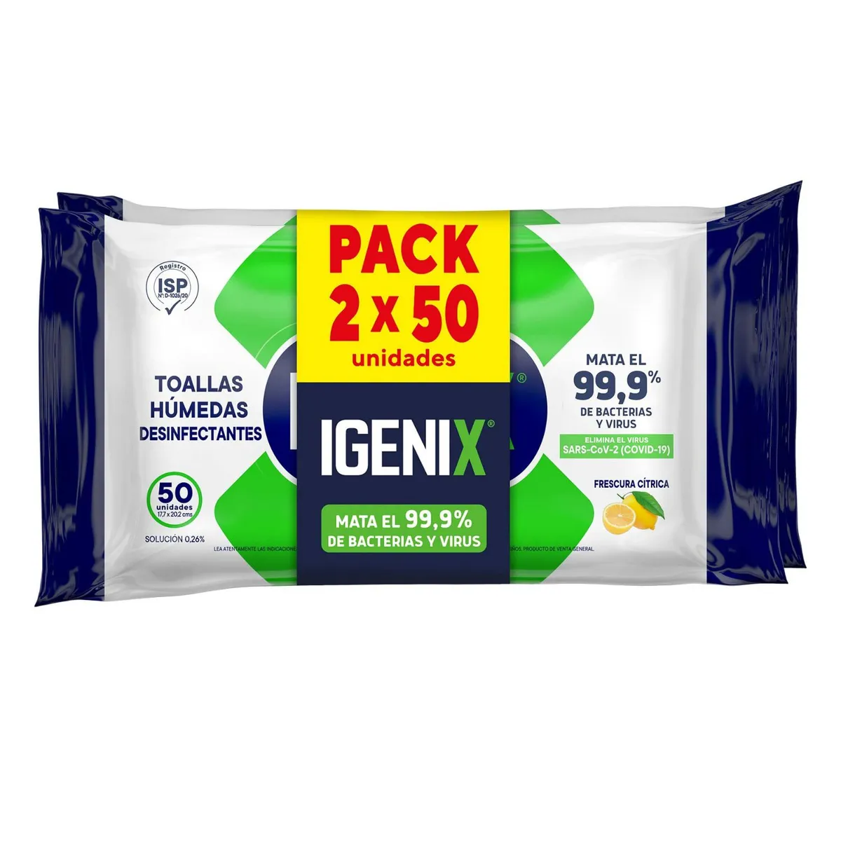 IGENIX - Pack Toallitas Húmedas Desinfectantes Frescura Cítrica Igenix 2 X 50 Un