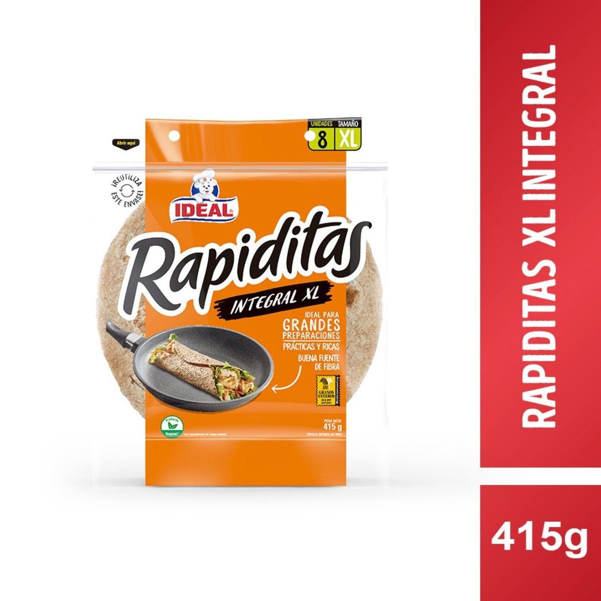 IDEAL - Tortillas Rapiditas Integral Tamaño XL 8 Un 415 g
