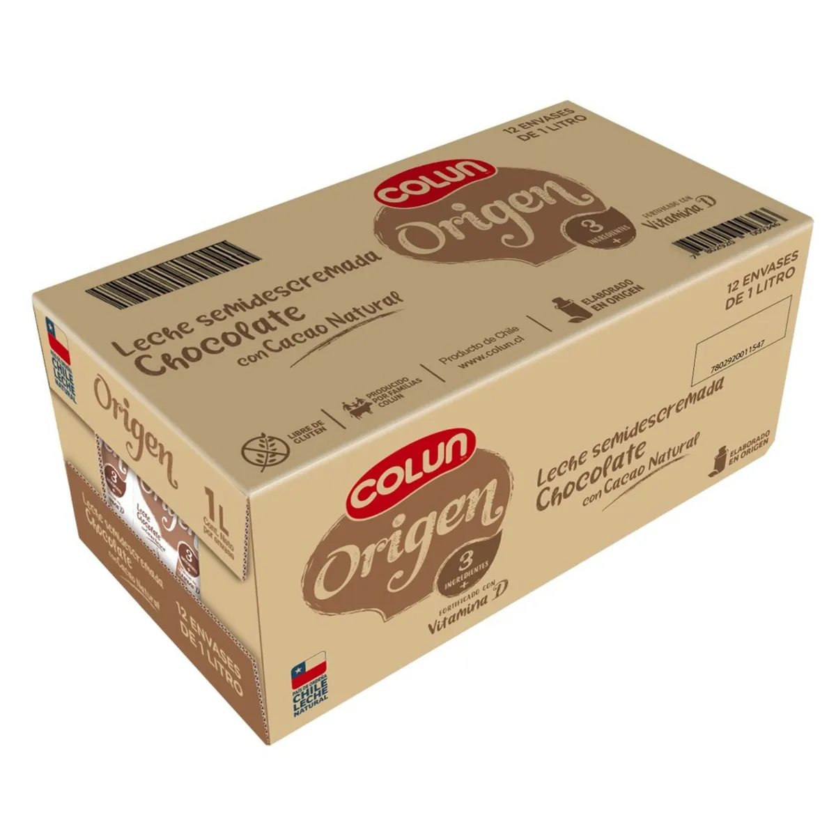 COLUN - Pack Leche Semidescremada Origen Sabor Chocolate Colun 12 x 1 L