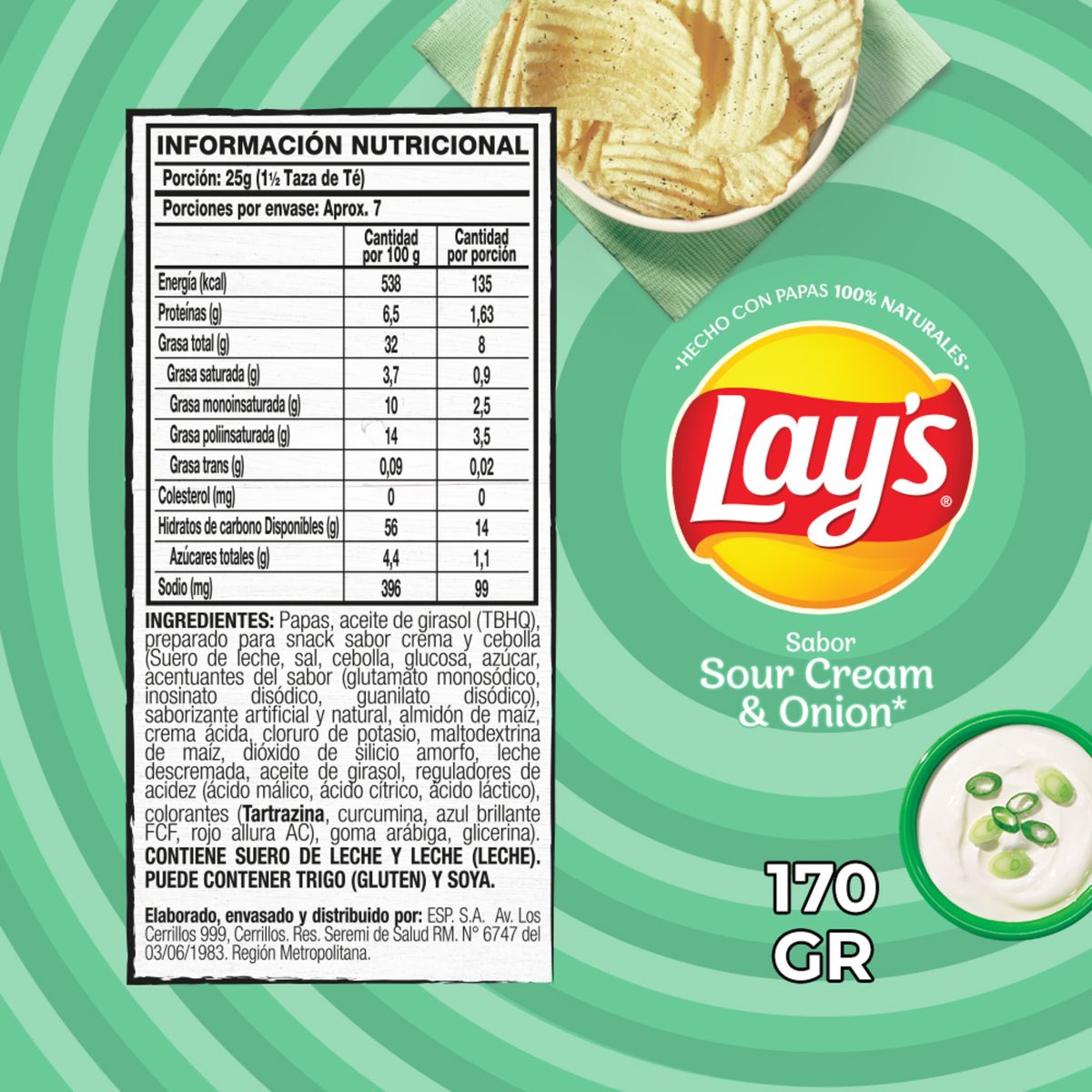 LAYS - Papas Fritas Sabor Sour Cream y Onion Lays 170 g