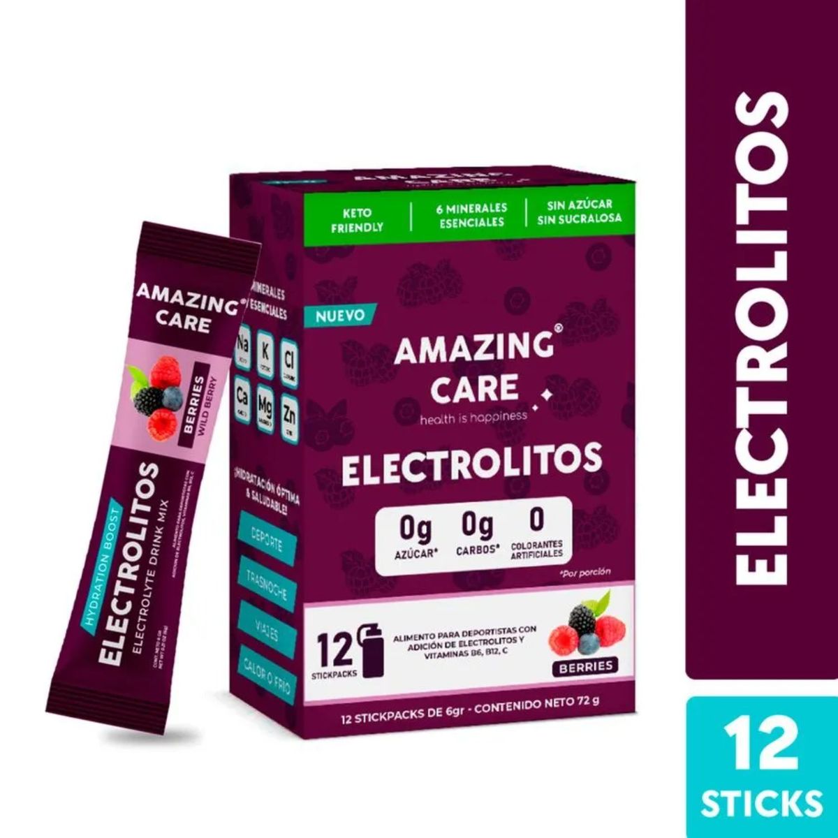 AMAZING CARE - Electrolitos en Polvo Sabor Berries Amazing Care 12 x 6 g