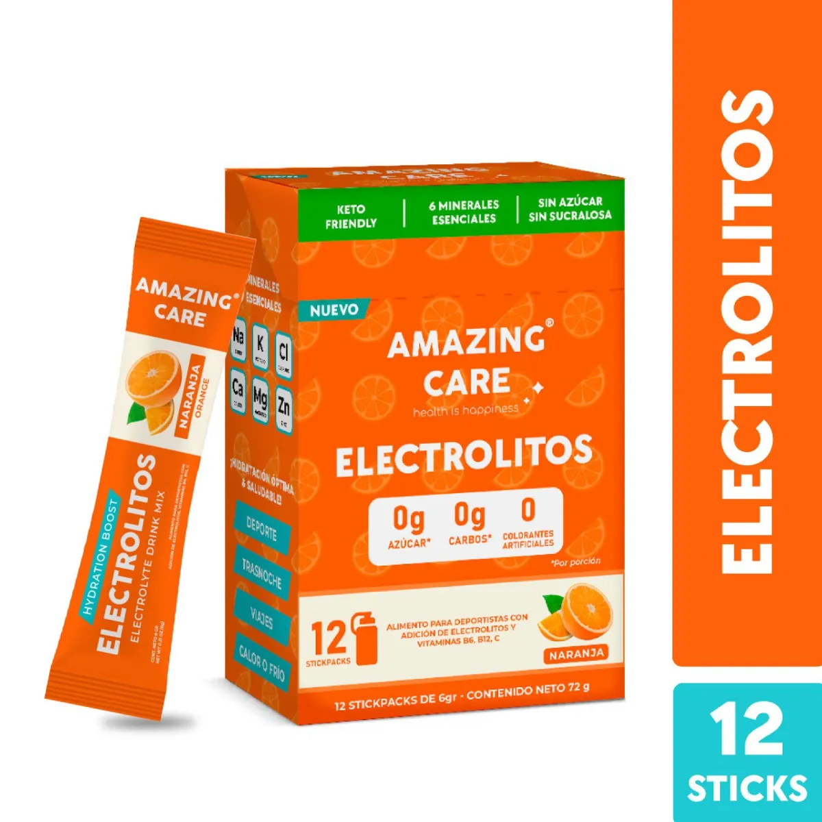 AMAZING CARE - Electrolitos en Polvo Sabor Naranja Amazing Care 12 x 6 g