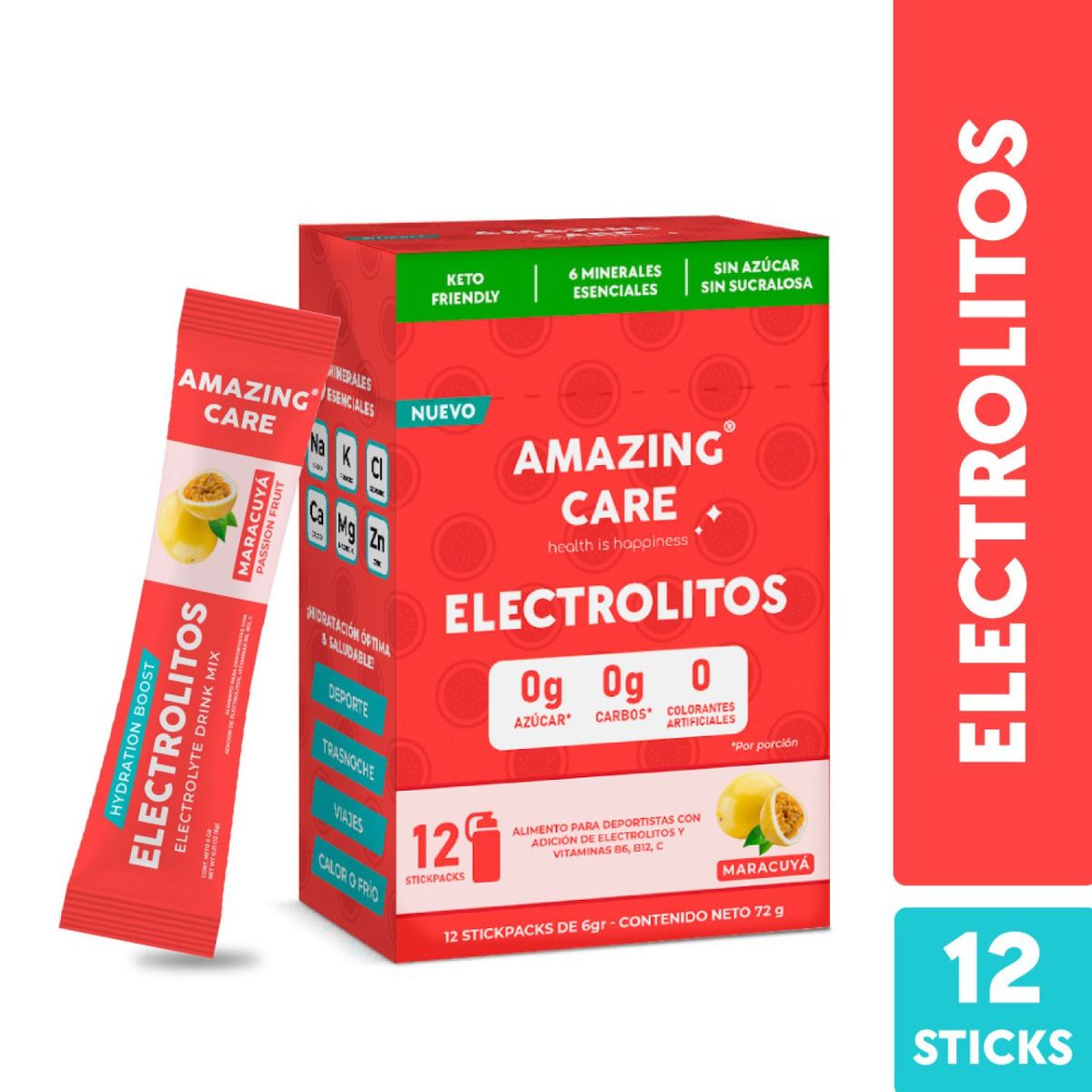 AMAZING CARE - Electrolitos en Polvo Sabor Maracuyá Amazing Care 12 x 6 g