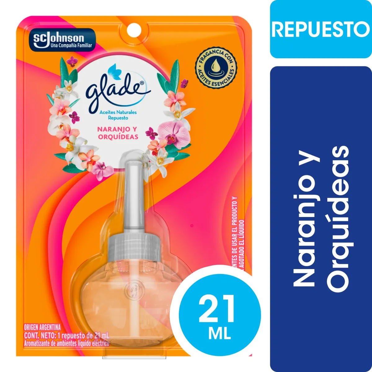 GLADE - Repuesto Desodorante Ambiental Aceite Aroma Naranjo y Orquídeas Glade 21 ml