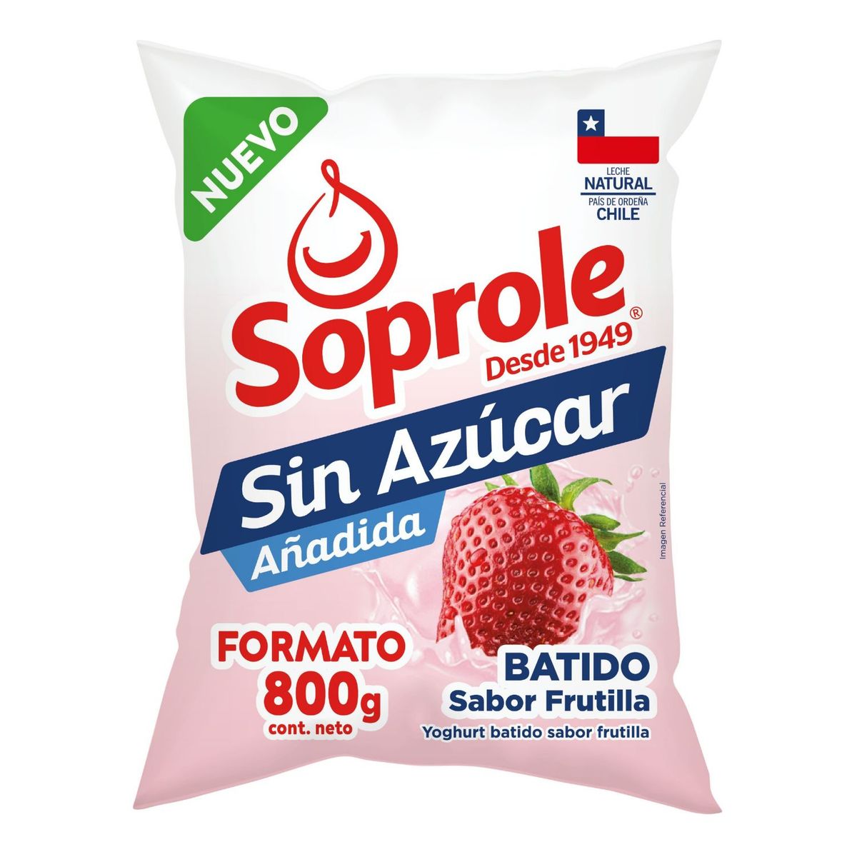 SOPROLE - Yoghurt Batido Sabor Frutilla Sin Azúcar Bolsa Soprole 800 g