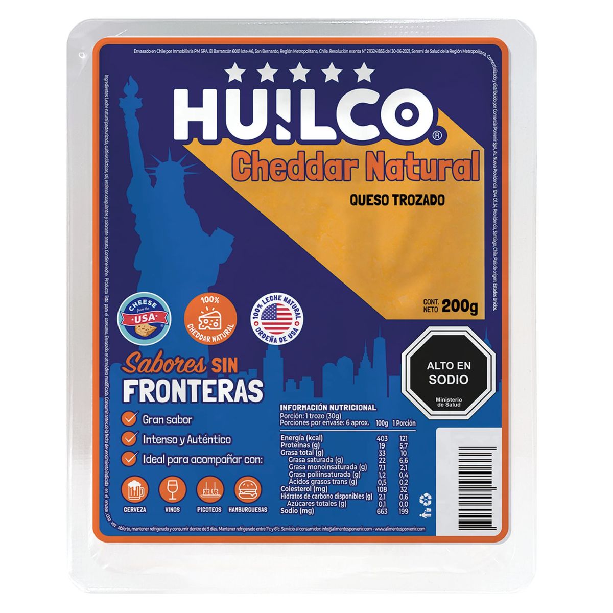 HUILCO - Queso Cheddar Natural Trozo Huilco 200 g