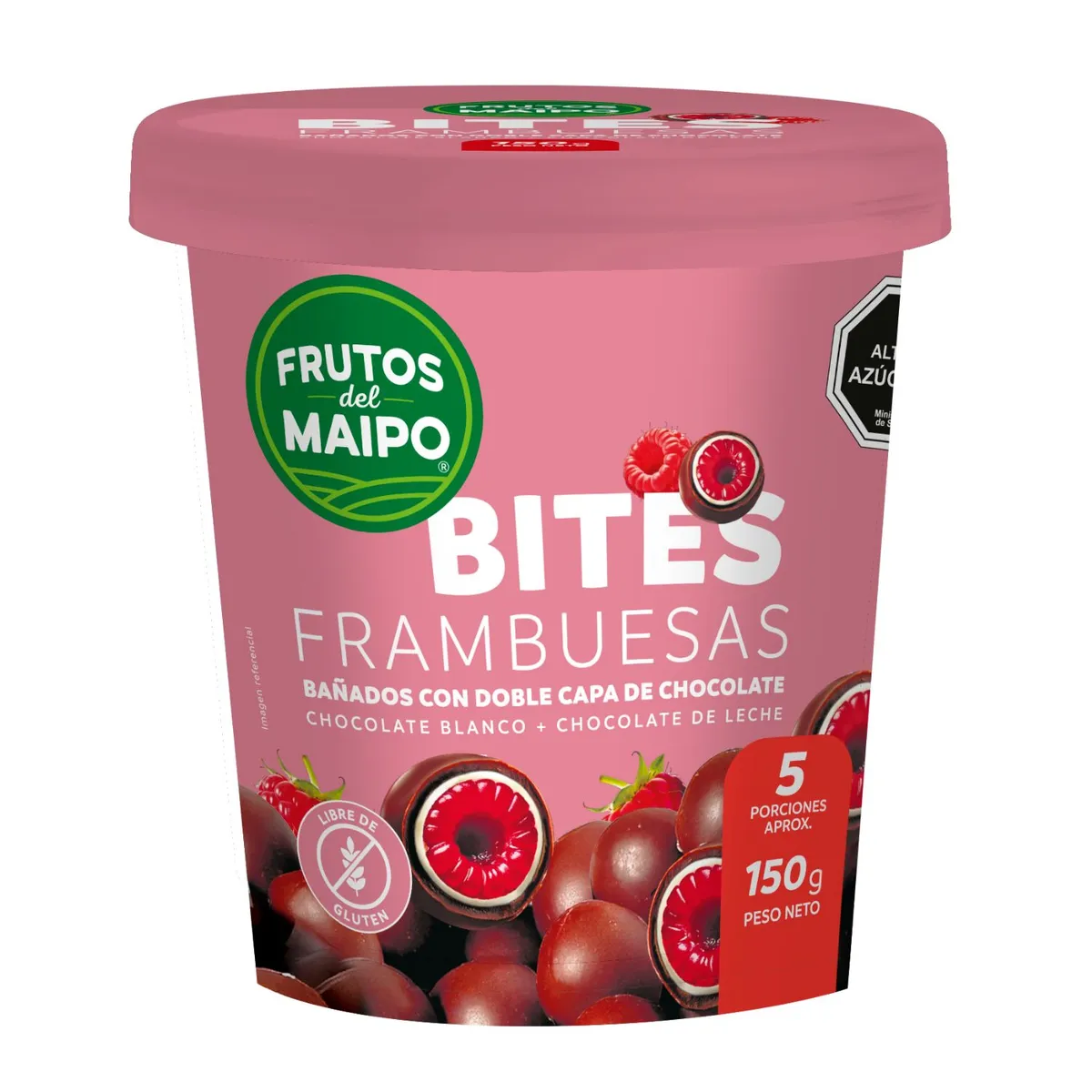 FRUTOS DEL MAIPO - Bombones Helados Bites Frambuesa con Chocolate de Leche y Blanco Pote 150 g