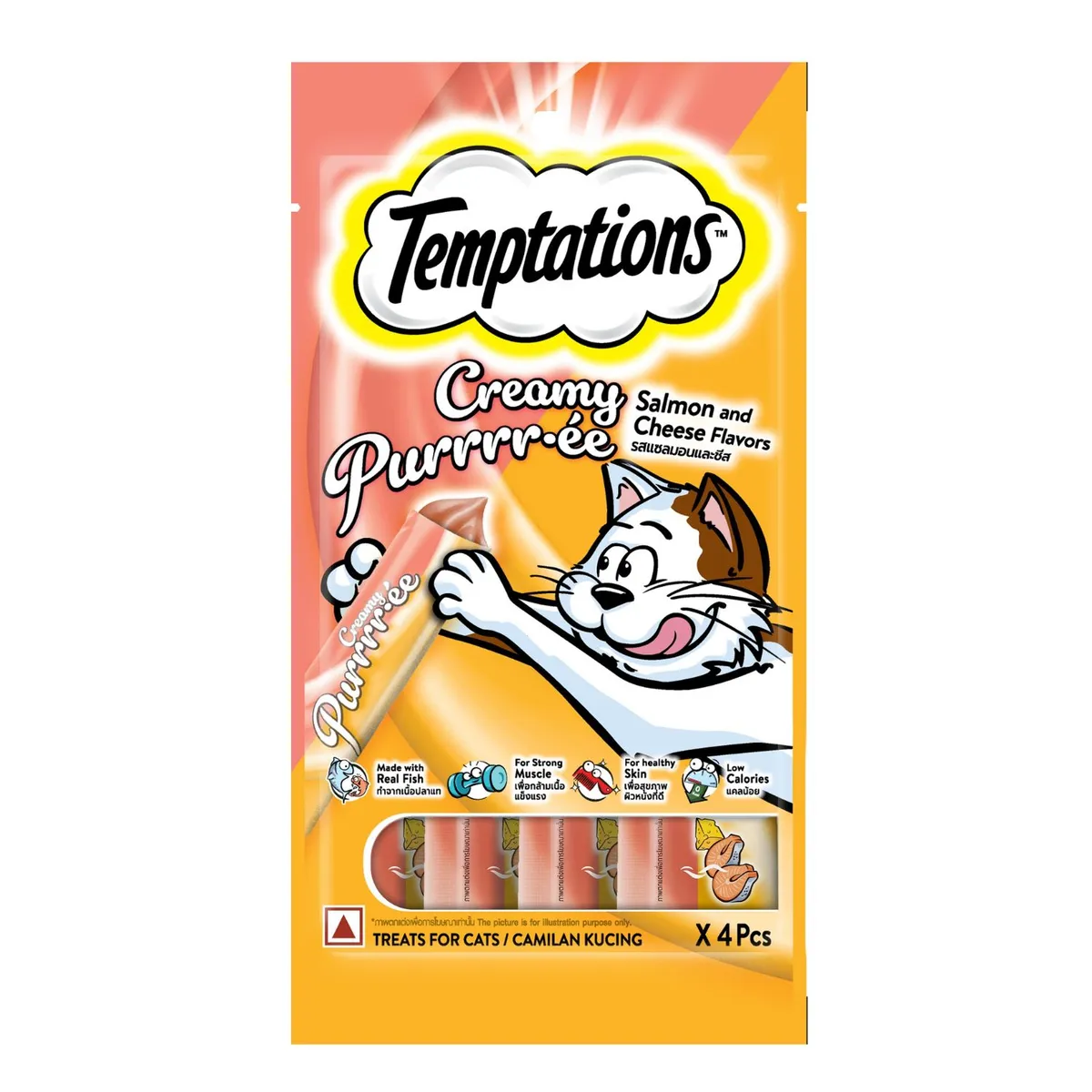 TEMPTATIONS - Snack para Gatos Crema Sabor Salmón y Queso Temptations 4 x 12 g