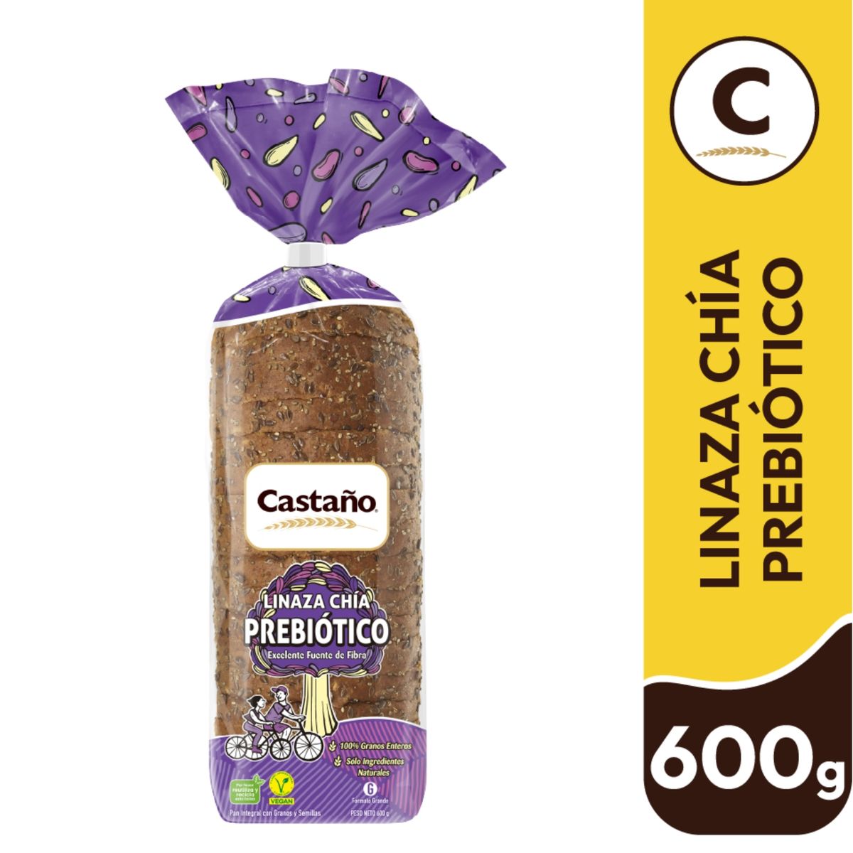 CASTAÑO - Pan de Molde Integral Prebiótico Linaza y Chía Castaño 600 g
