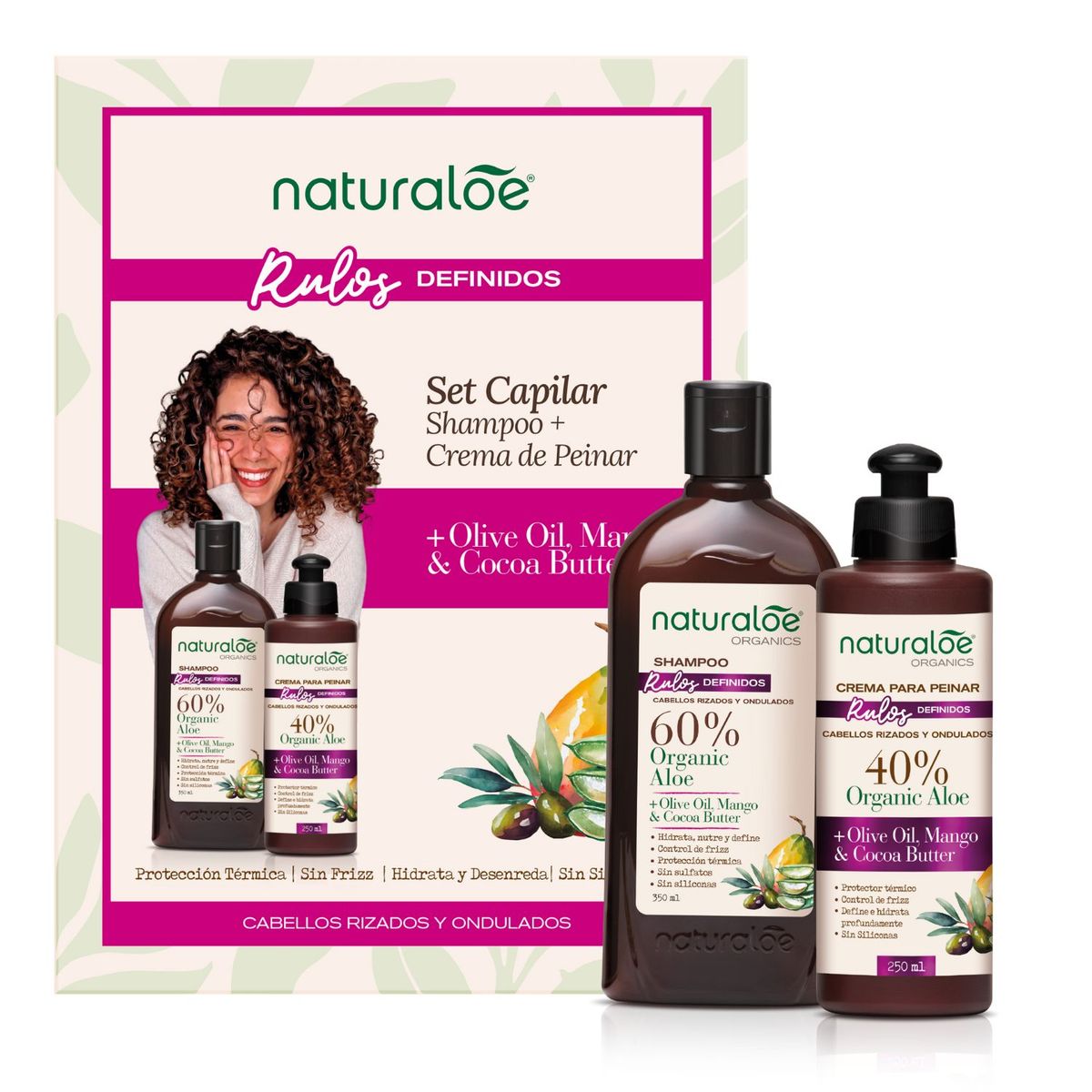 NATURALOE - Pack Shampoo Rizos Definidos 350 ml + Crema para Peinar 250 ml Naturaloe
