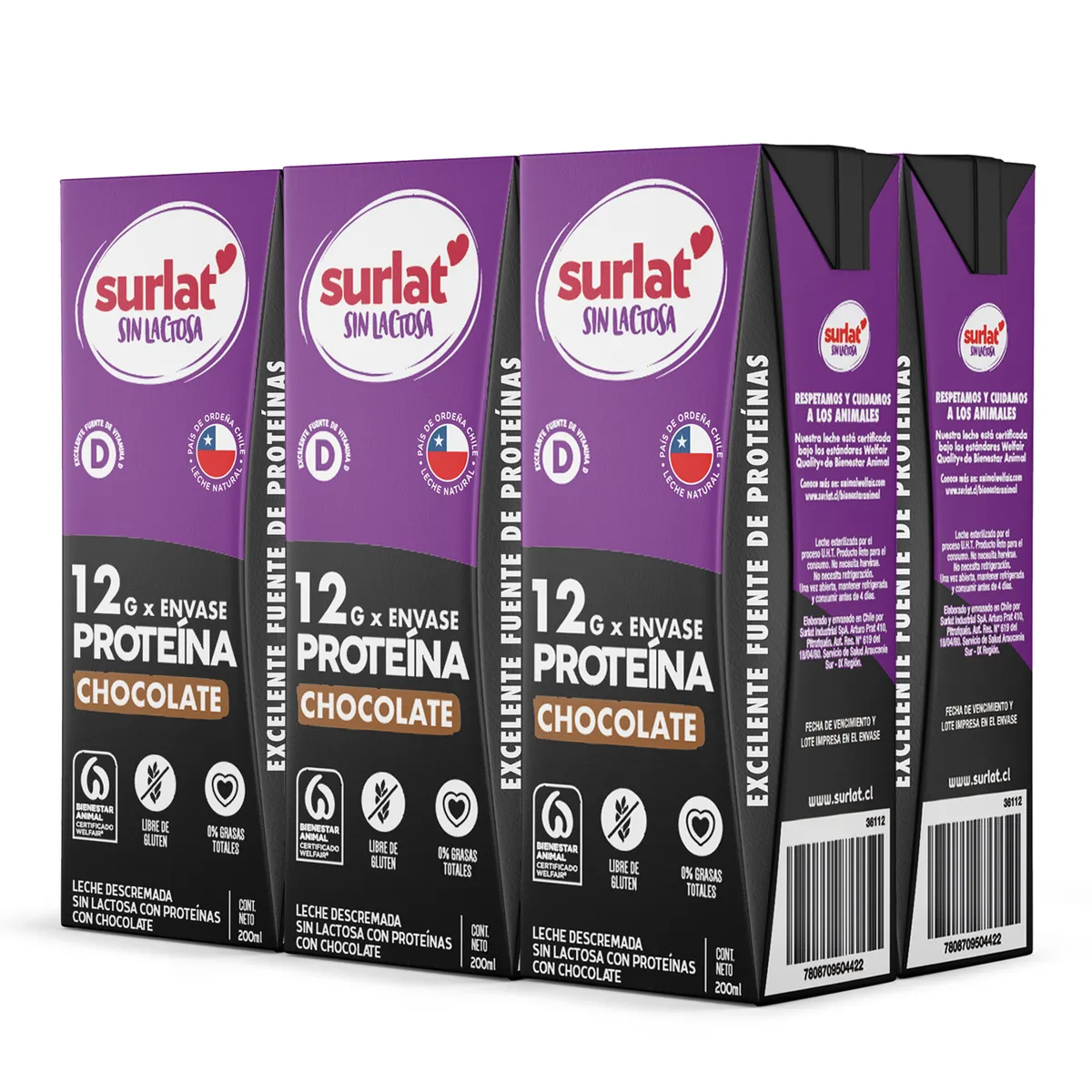 SURLAT - Pack Leche Descremada Protein Sin Lactosa Sabor Chocolate Surlat 6 x 200 ml