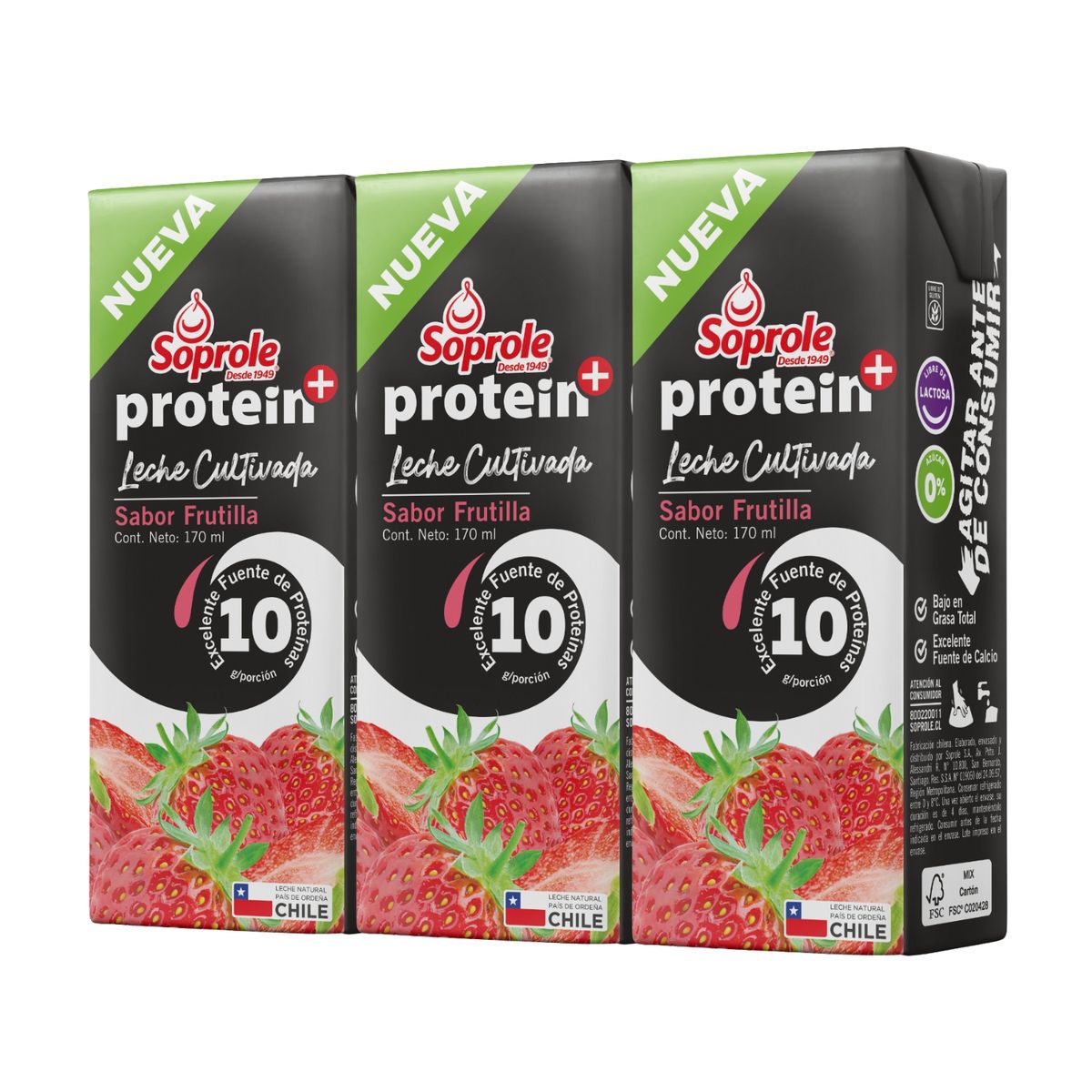 SOPROLE - Pack Leche Cultivada Proteín Sabor Frutilla Soprole 3 x 170 ml