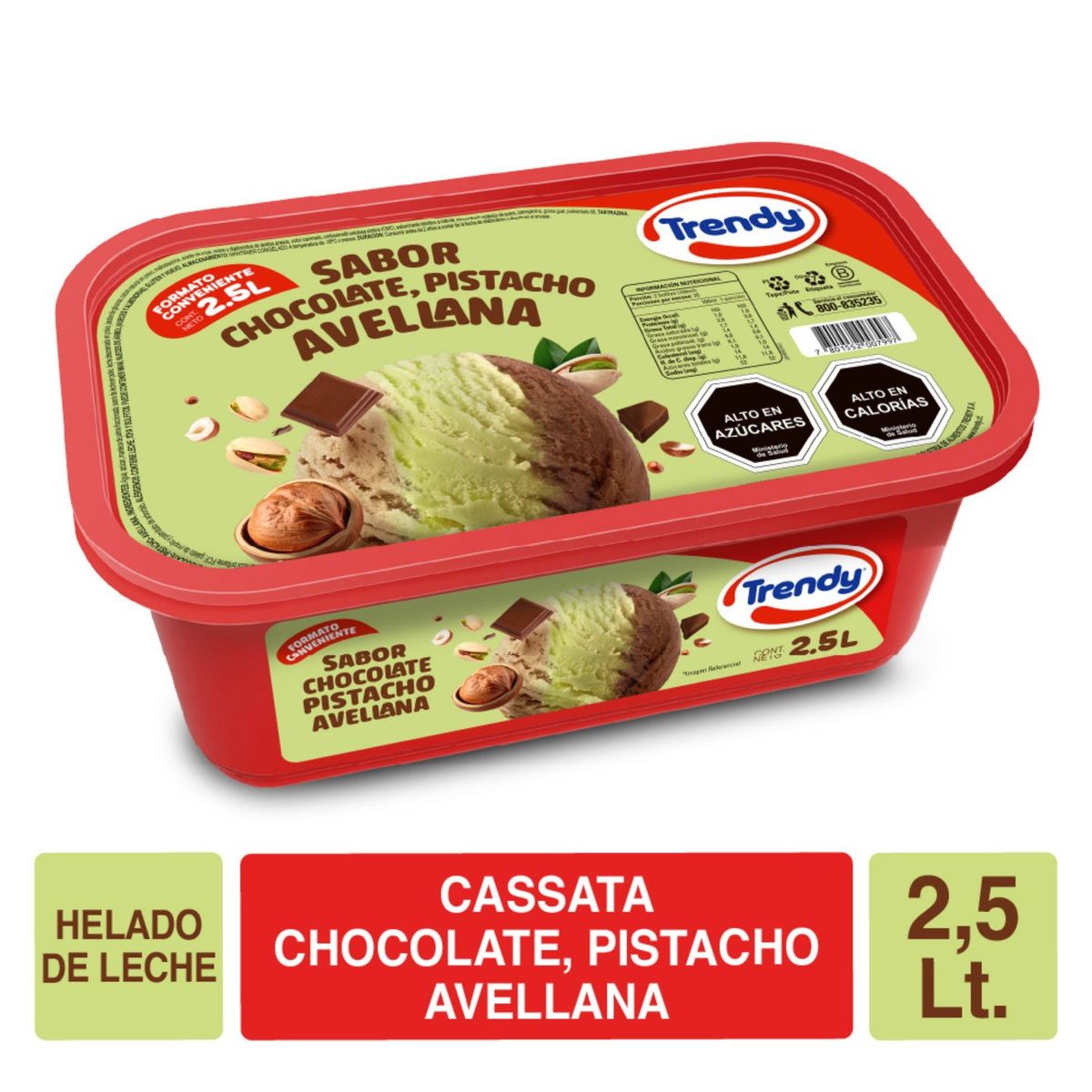 TRENDY - Helado Cassata Sabor Chocolate, Pistacho y Avellana Trendy 2,5 lts