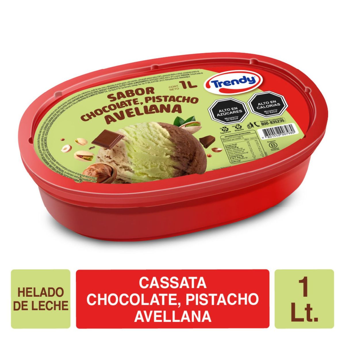 TRENDY - Helado Cassata Sabor Chocolate, Pistacho y Avellana Trendy lt