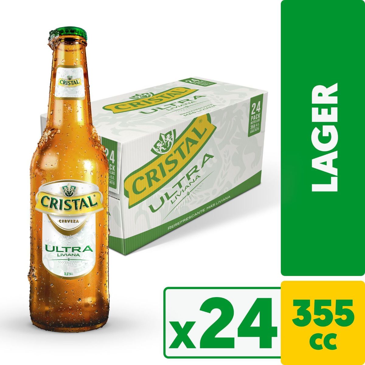 CRISTAL - Pack Cerveza Cristal Lager Ultra Liviana Botella 3.5° 24 x 355 ml