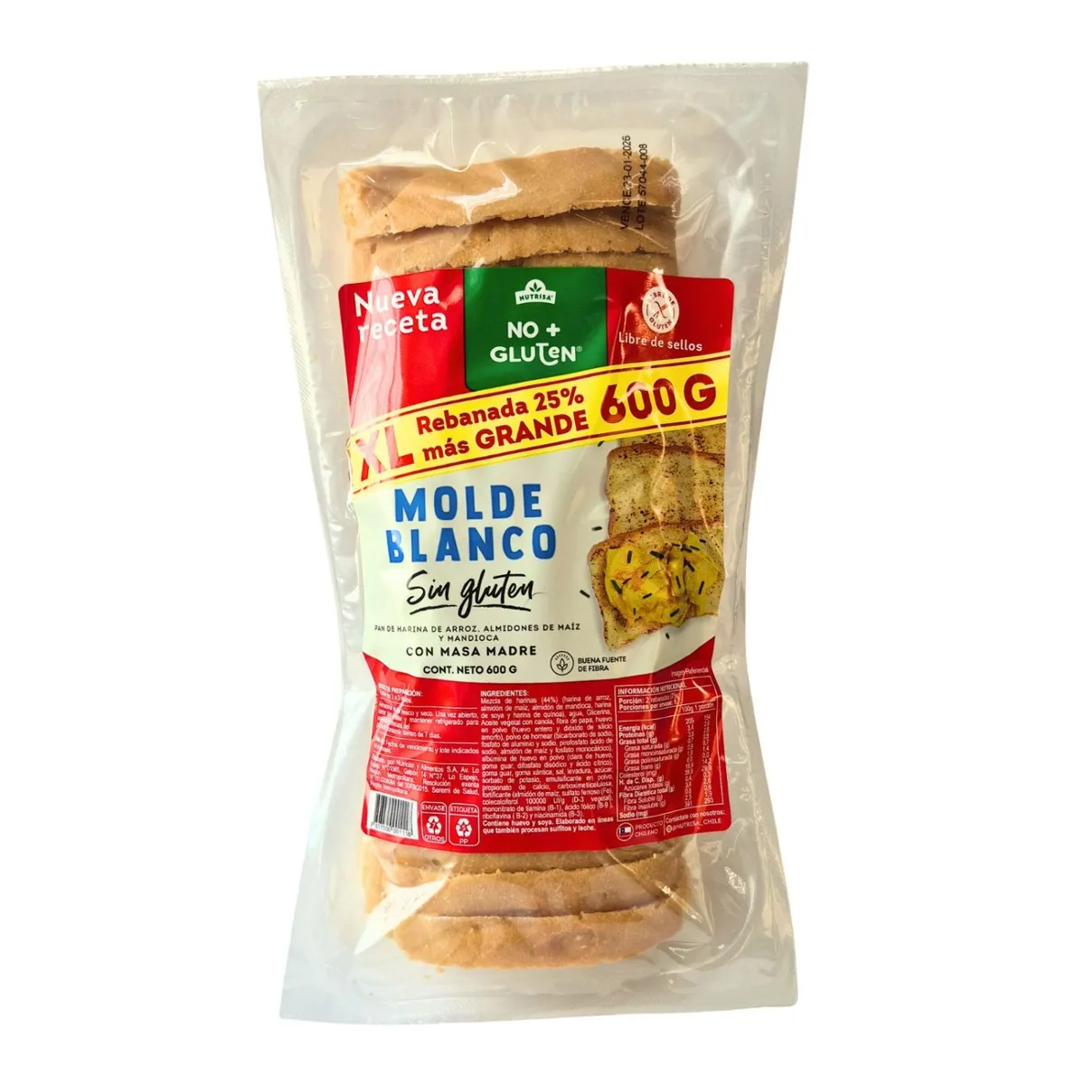  - Pan de Molde Blanco Sin Gluten No+Gluten 600 gr
