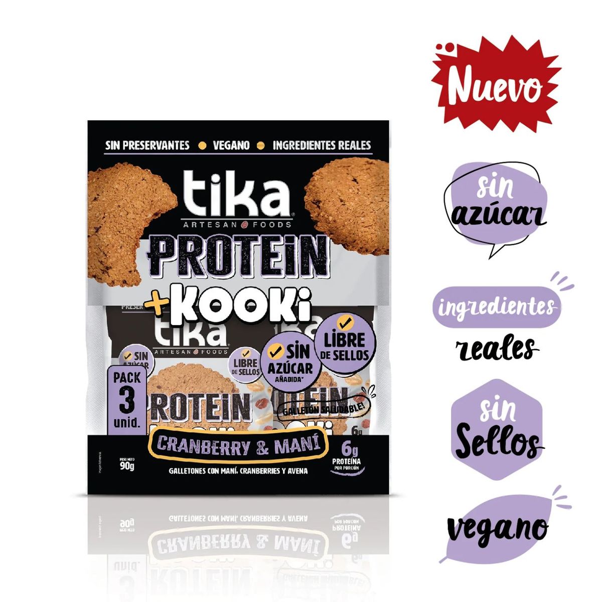TIKA - Pack Galletones Kooki Proteín Cranberries y Maní Tika 3 x 30 GR