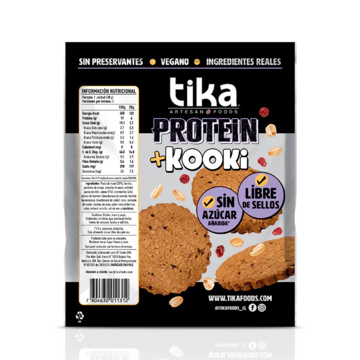 TIKA - Pack Galletones Kooki Proteín Cranberries y Maní Tika 3 x 30 GR