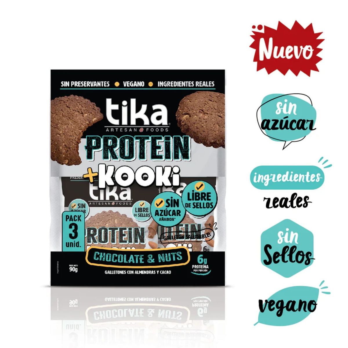 TIKA - Pack Galletones Kooki Proteín Chocolate y Nuts Tika 3 x 30 GR