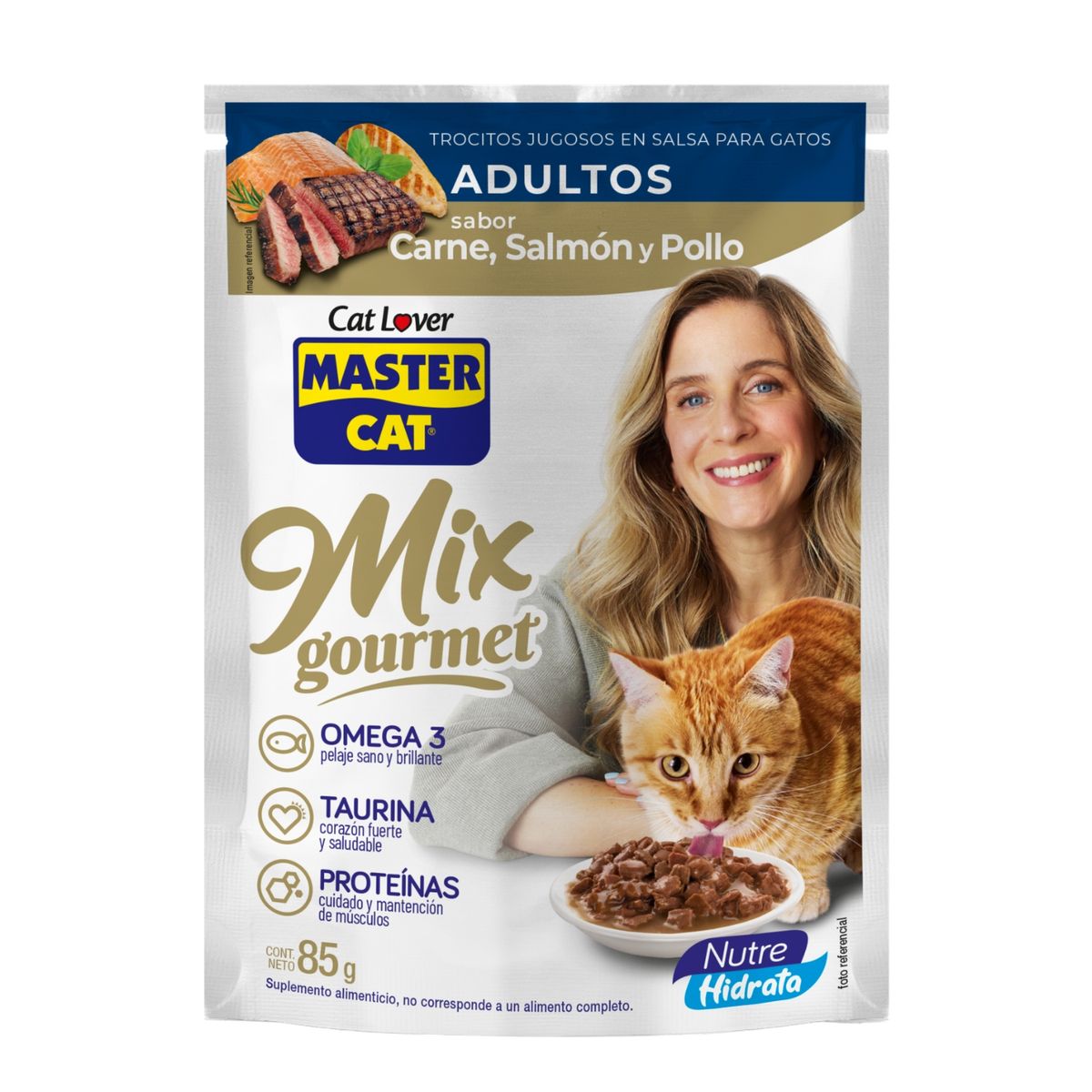 MASTER CAT - Alimento para Gatos Húmedo Trocitos Carne, Salmón y Pollo Master Cat 85 g
