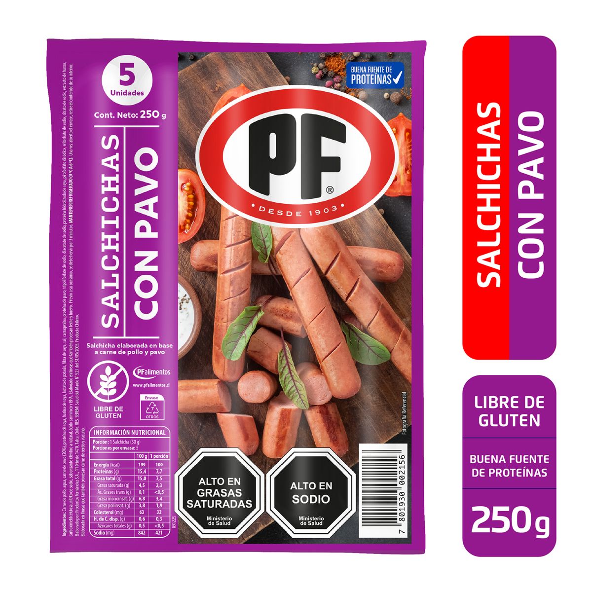 PF - Salchicha con Pavo 250 gr PF 5 un
