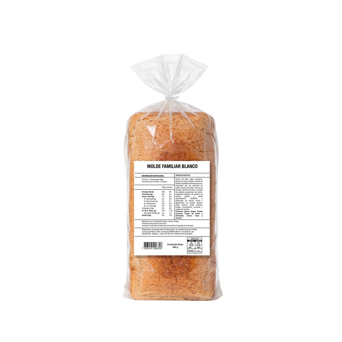 PULMAHUE - Pan de Molde Familiar Blanco Pulmahue 480 gr