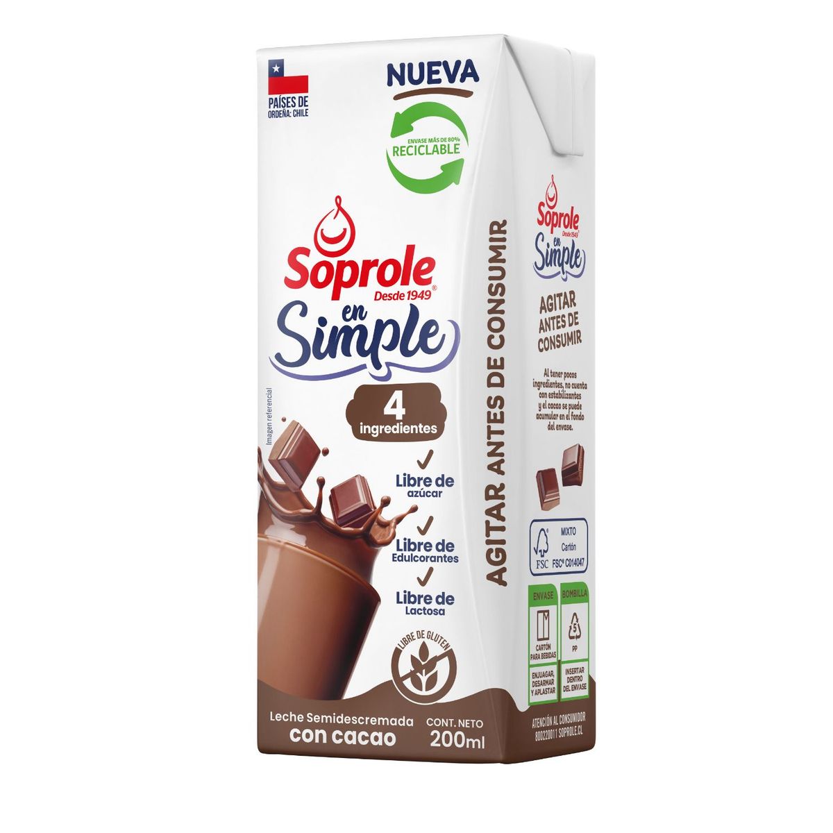 SOPROLE - Pack Leche Chocolate 4 Ingredientes Soprole 6x200 ml