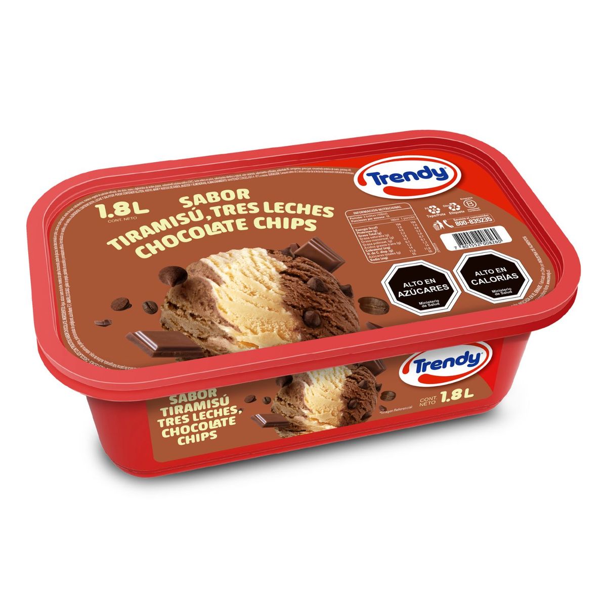 TRENDY - Helado Sabor Tiramisú, Tres Leches y Chips Trendy 1.8 lt