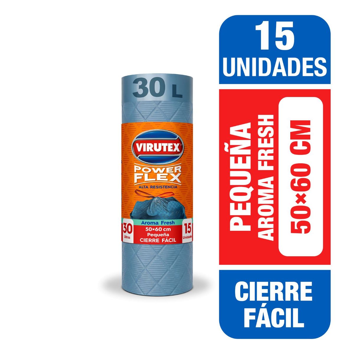 VIRUTEX - Bolsa Basura Pequeña 50x60 Aroma Fresh Power Flex Cierre Fácil Virutex 15 un