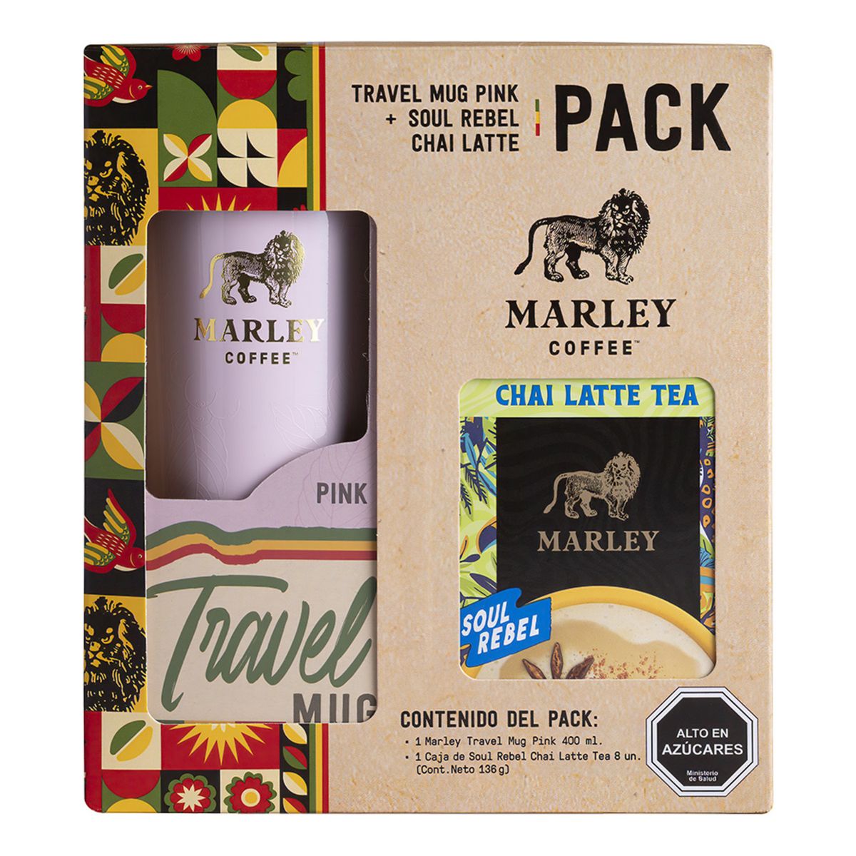 MARLEY - Pack Té Chai Latte Soul Rebel Marley Coffee 8 Un + Travel Mug Pink 400 ml
