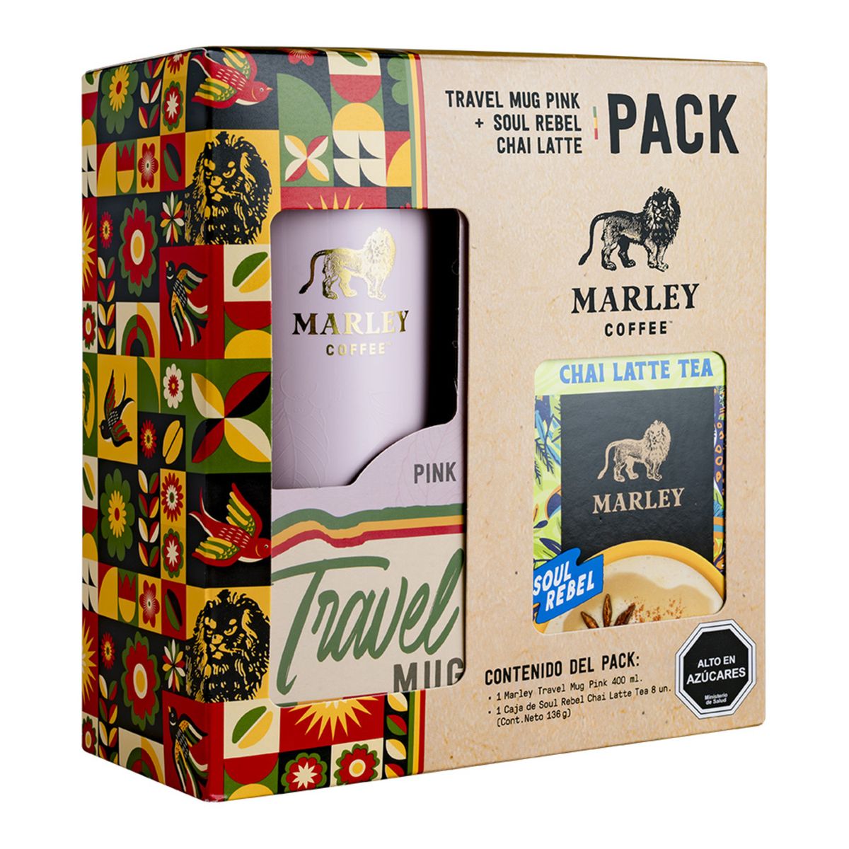 MARLEY - Pack Té Chai Latte Soul Rebel Marley Coffee 8 Un + Travel Mug Pink 400 ml