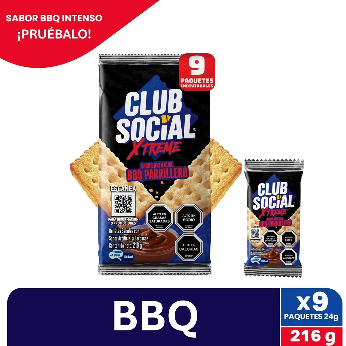 CLUB SOCIAL - Pack Galletas Club Social Xtreme Sabor Barbecue Parrillero 9 x 24 g