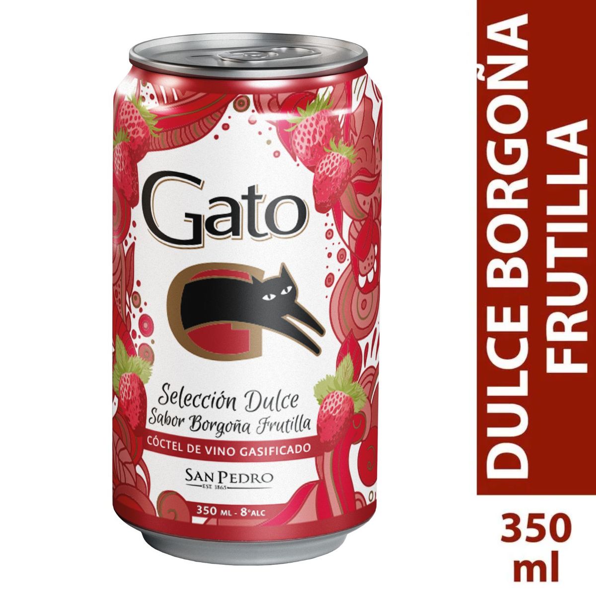 GATO - Cóctel de Vino Dulce Borgoña Frutilla Gasificado Gato Lata 8° 350 ml