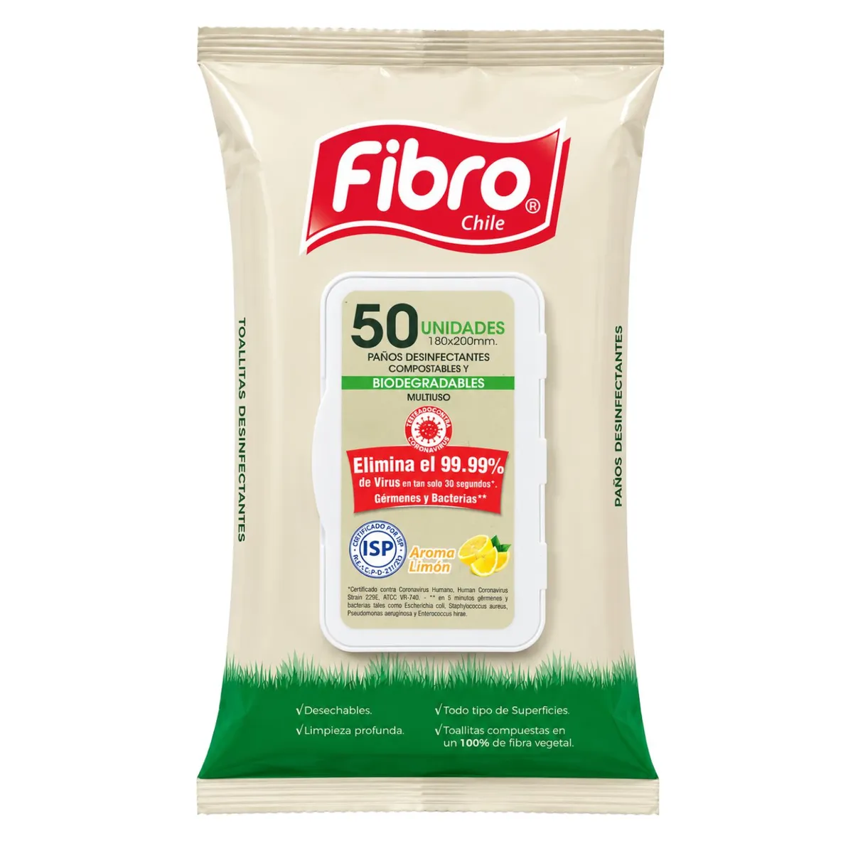FIBRO - Toallas Húmedas Desinfectantes Aroma Limón Fibro 50 un