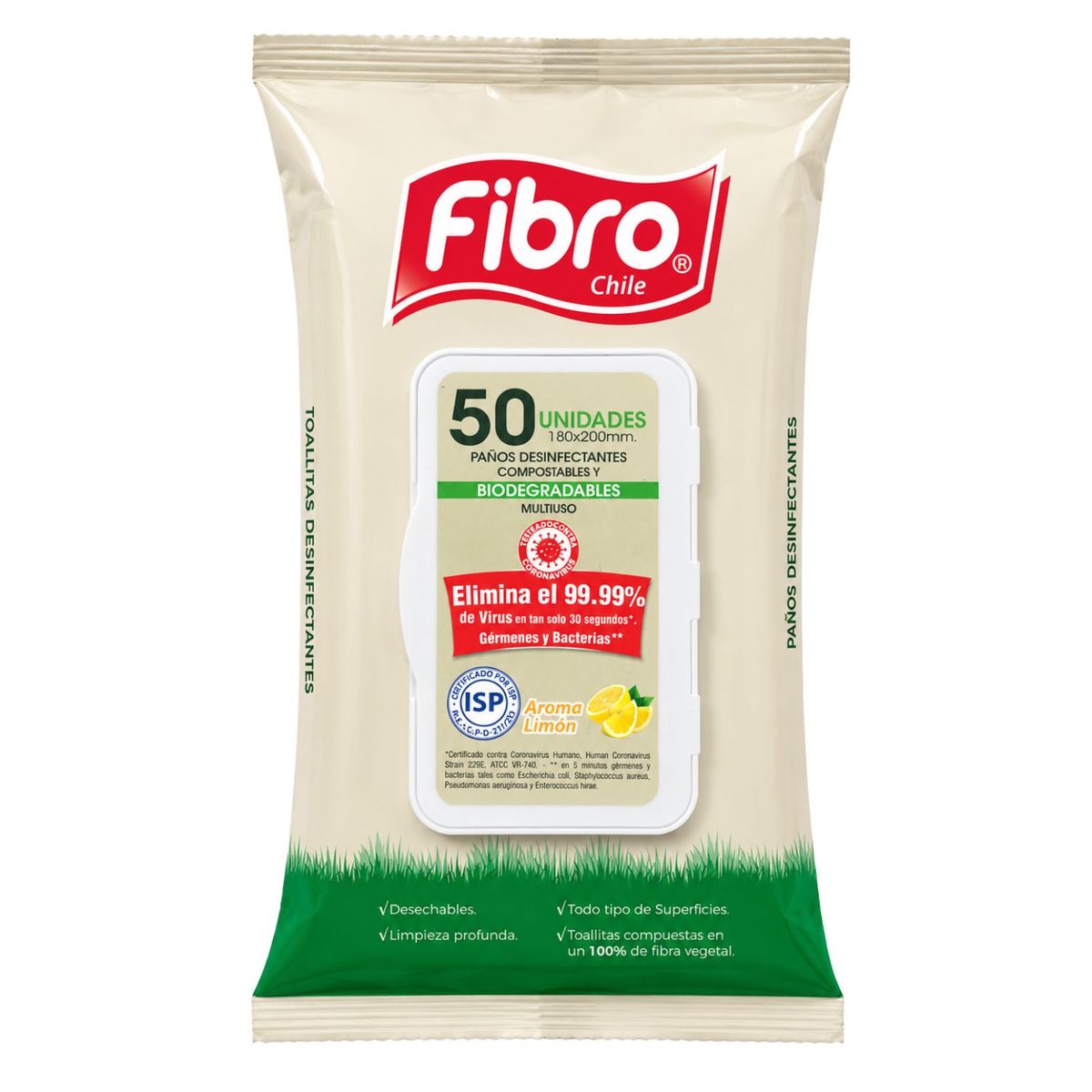 FIBRO - Toallas Húmedas Desinfectantes Aroma Limón Fibro 50 un