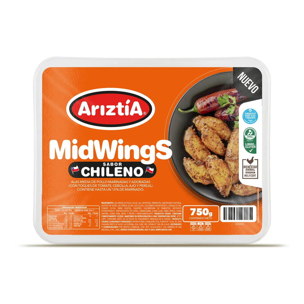 ARIZTIA - Alitas Media de Pollo Midwings Sabor Chileno Refrigeradas Ariztia 750 g