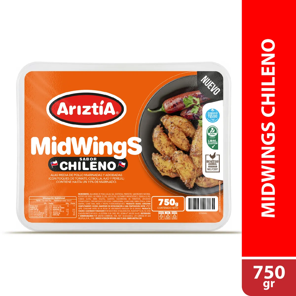ARIZTIA - Alitas Media de Pollo Midwings Sabor Chileno Refrigeradas Ariztia 750 g