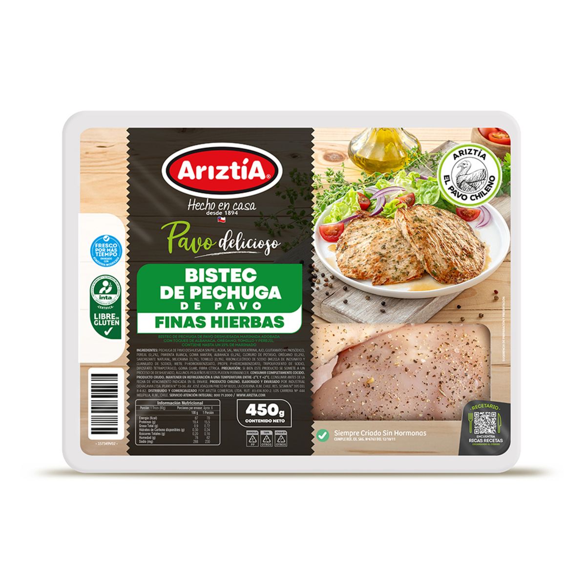 ARIZTIA - Bistec de Pechuga de Pavo Finas Hierbas Refrigerado Ariztia 450 g