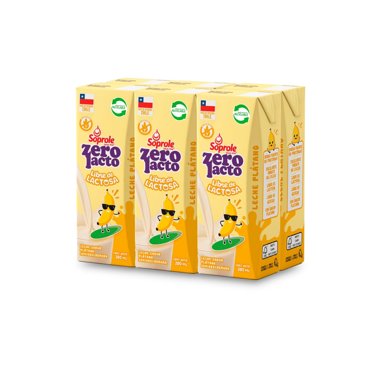 SOPROLE - Pack Leche Sabor Plátano Sin Lactosa Zerolacto Soprole 6 x 200 ml