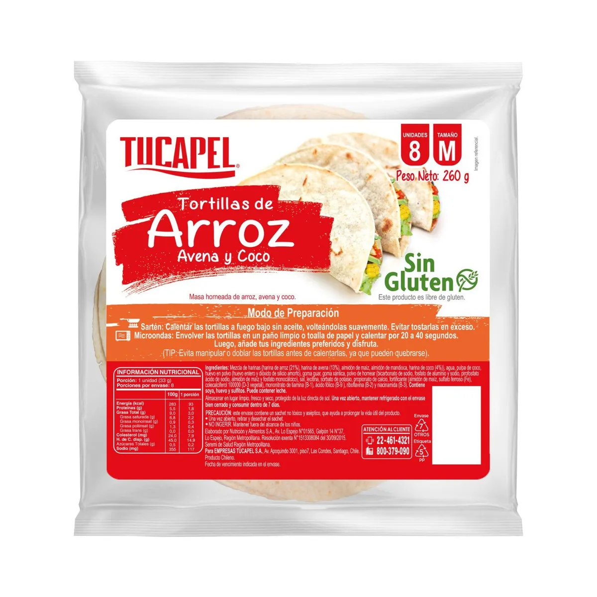 TUCAPEL - Tortillas de Arroz Tamaño M Tucapel 8 un