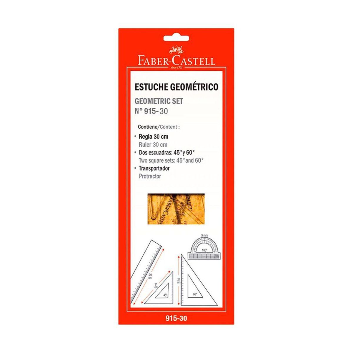 FABER CASTELL - Estuche Geométrico Faber Castell Regla Transportador Escuadras Empaque 3 Und