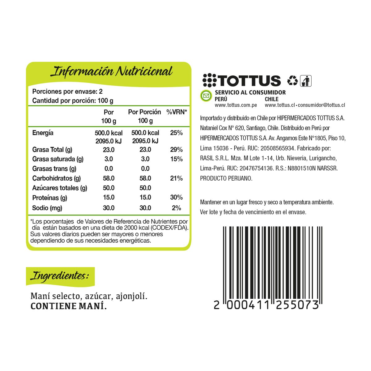 TOTTUS - Maní Confitado Tottus Bolsa 200 g