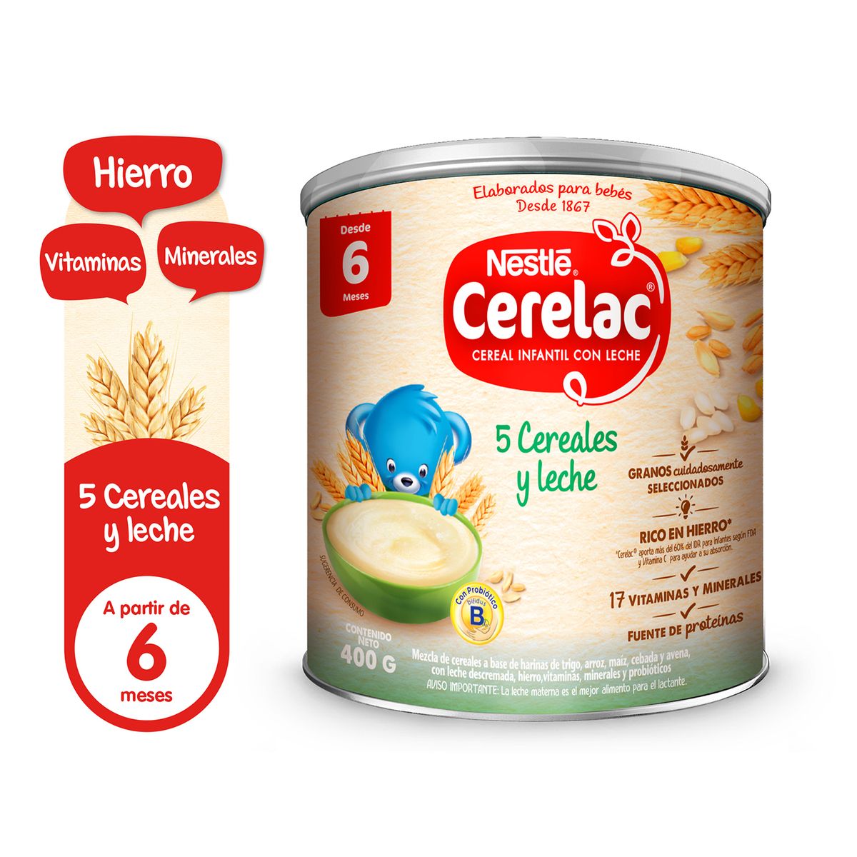 CERELAC - Cereal con Leche Nestlé Cerealac con Probióticos Lata 400 g