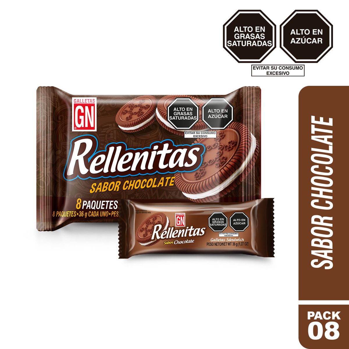 GN - Galletas GN Rellenitas Sabor Chocolate Empaque 8 Und